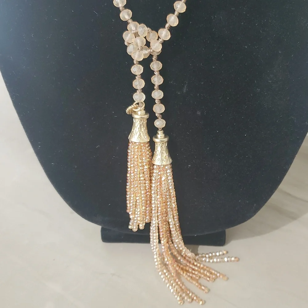 Marlyn Schiff Elegant Crystal Beads  and Gold Tassel Layered Necklace